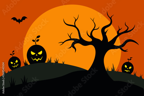 Spooky Halloween night with silhouetted trees, bats, and pumpkins under an orange moon, perfect for a dark autumn celebration illustration