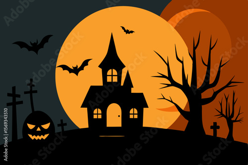 Spooky Halloween night with a haunted house, moon, bats, and pumpkins on a dark autumn hill