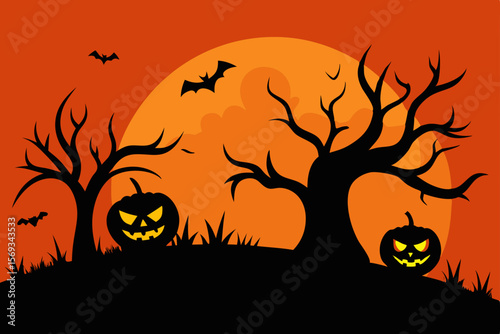 Spooky Halloween pumpkin tree silhouette against a dark orange moonlit night with bats, perfect for an autumn holiday celebration