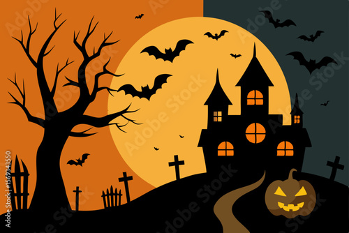 Spooky Halloween night with a haunted house, bats, and pumpkins under a full moon silhouette