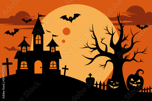 Spooky Halloween night with a haunted house, full moon, and pumpkin silhouettes, perfect for a scary autumn holiday illustration