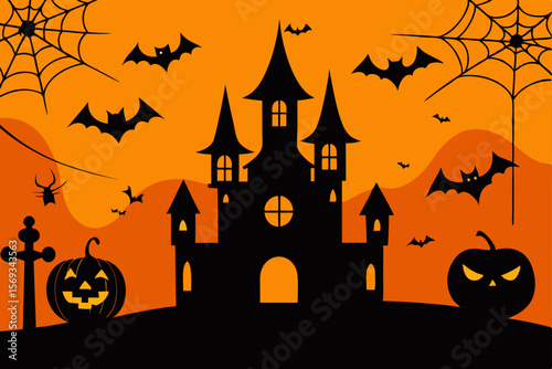 Spooky Halloween night with a haunted house, full moon, flying bats, and scary pumpkin silhouettes perfect for an autumn holiday celebration design