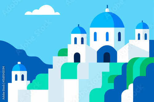 White and blue church with a cross in Oia village, Santorini, Greece, a classic example of island architecture and Orthodox religion