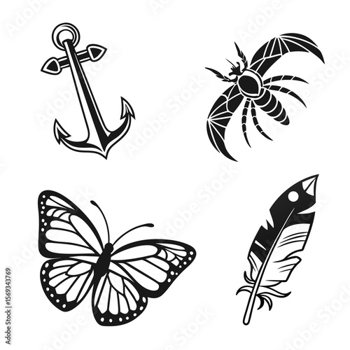 An anchor, moth, butterfly, and feather isolated on white background