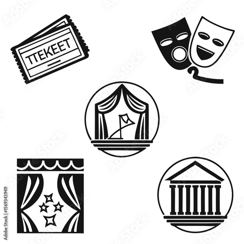 Theater icons isolated on white background depict performance arts