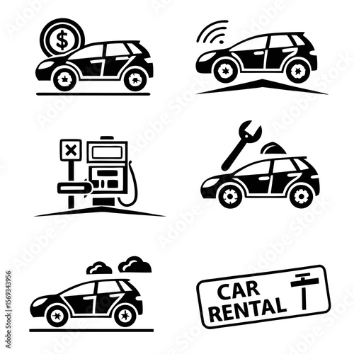 Car rental and automotive service icons on white