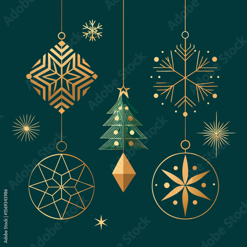 Festive gold ornaments and Christmas tree holiday green
