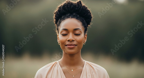 Serene African American Woman Meditating Outdoors in Natural Setting, Mindfulness and Well-being Concept