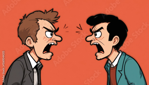 Cartoon Characters Yelling at Each Other with Expressions of Anger and Frustration on Orange Background
