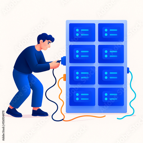 Cartoon man plugs cable into a server rack illustration for data center, system administration, and cloud infrastructure management