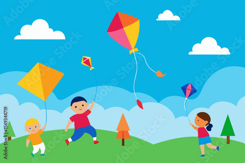 Children joyfully play in the park, flying colorful kites against the summer sky