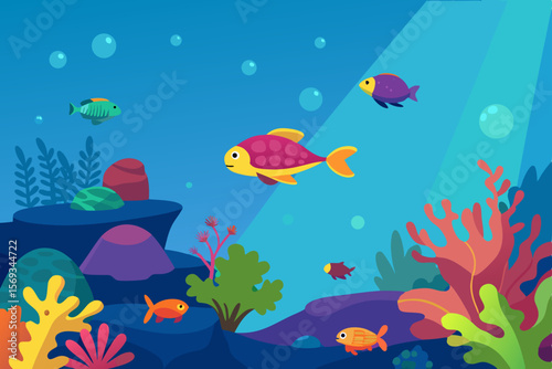 Underwater illustration of tropical fish swimming in the blue ocean with coral reef and marine life