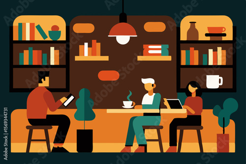 Cartoon illustration of a woman working on a laptop at a cafe table in the city