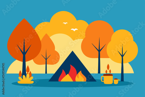 Desert landscape vector illustration with camels, palm trees, and pyramids at sunset