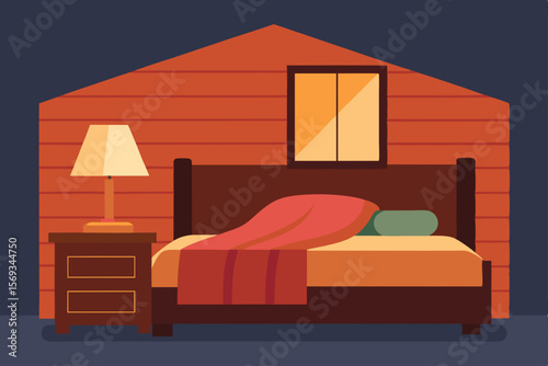 Luxury home interior of a comfortable bedroom with a double bed, pillows, lamp, and window light