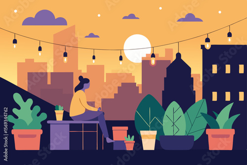 Urban girl silhouette in the night city, an illustrated vector design of a woman and child with business people near a building skyline under moonlit sky