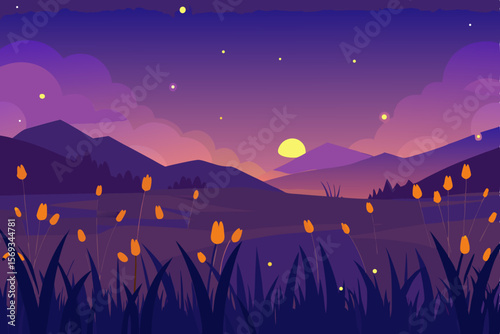 Moonlit night landscape with mountains, stars, and abstract blue sky