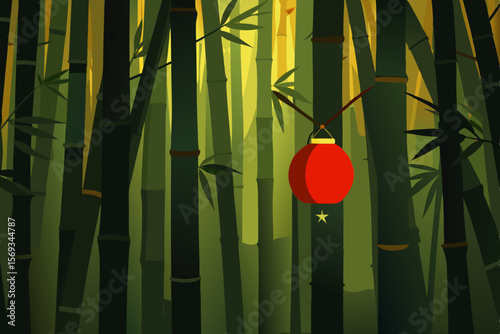 Red bamboo forest in the morning, a vibrant Asian nature illustration