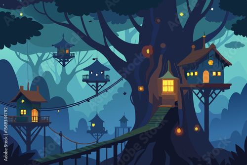 Spooky Halloween night with a haunted house, full moon, scary trees, and pumpkins, featuring bat silhouettes and an evil castle illustration