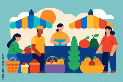 Happy cartoon family with children and a mother carrying a bag of gifts walking outside their house under the summer sky