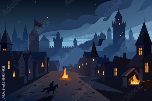Spooky haunted castle silhouette in the dark woods under a Halloween moon illustration