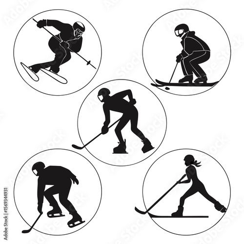 Silhouettes of winter sports athletes isolated on white background
