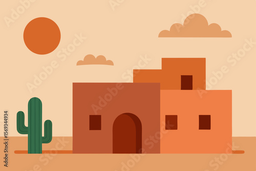 Vector illustration of ancient architecture: a house, old building, or castle in the desert under the sky with windows