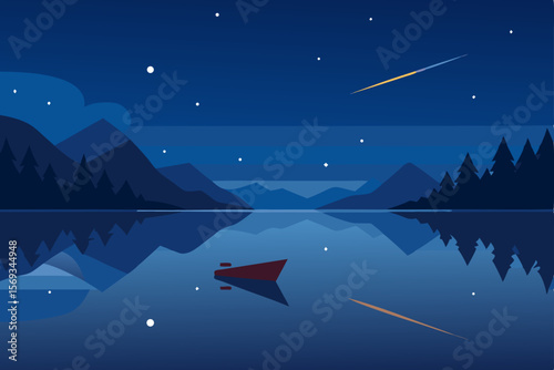 Starry night sky over snow-capped mountains and a tranquil sea, with a lone winter tree under the moon's glow