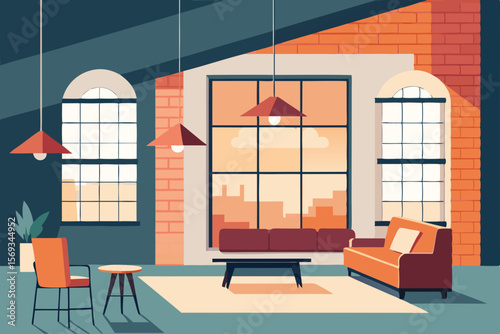 Modern minimalist living room vector, an empty wooden frame view of a Japanese-inspired home interior with large windows and a glass table