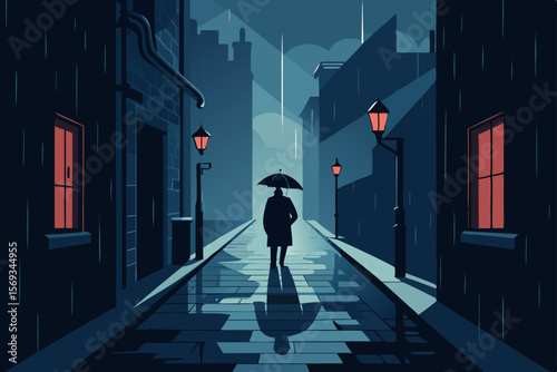 Silhouette of a businesswoman walking through a dark city doorway at night, illuminated by a single light, a concept of success emerging from the shadows