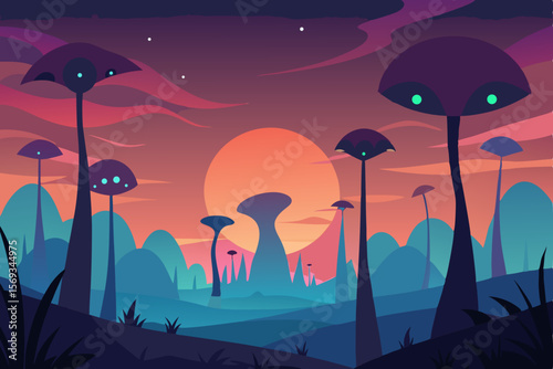 Wild forest landscape vector with deer, birds, and trees at sunset or night silhouette illustration