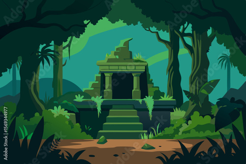 Ancient castle in a dark forest illustration at night