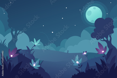 Abstract vector illustration of a dark underwater night scene with deep blue ocean water, a diving fish silhouette, and a moonlit sky