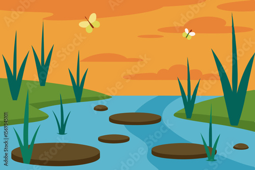 Lush green reeds sway gracefully in the summer water, creating a tranquil nature design