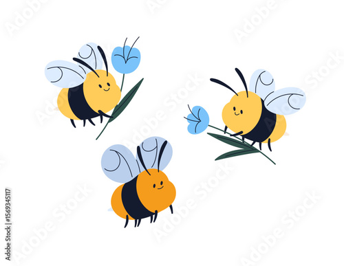 Happy honey bees carry flowers. Funny honeybees fly with wildflowers. Cute bumblebees are flying, gathering bloom plants on meadow, apiary. Flat isolated vector illustration on white background