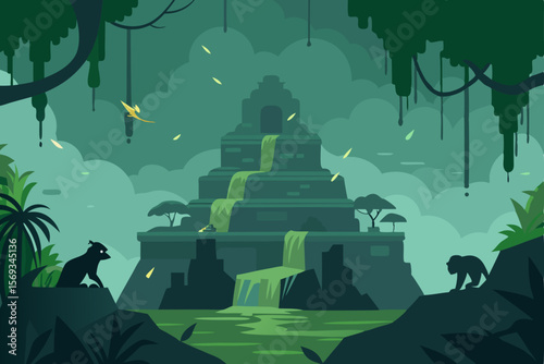 Urban park landscape vector illustration with silhouettes of a man and a woman