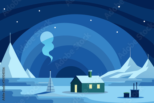Christmas winter night landscape with a festive village house under a snowy sky, perfect for holiday season illustrations and cards