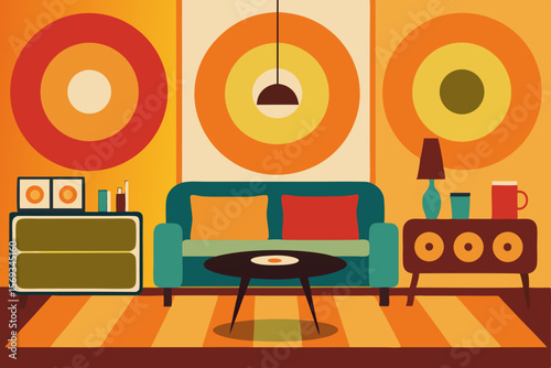 A retro TV set anchors a modern living room's interior design, showcasing comfortable furniture like a sofa, armchair, and stylish lamp, all within a vibrant vector illustration
