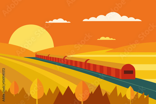 A vibrant vector illustration of a tranquil countryside landscape at sunset with golden mountains and a fiery sky