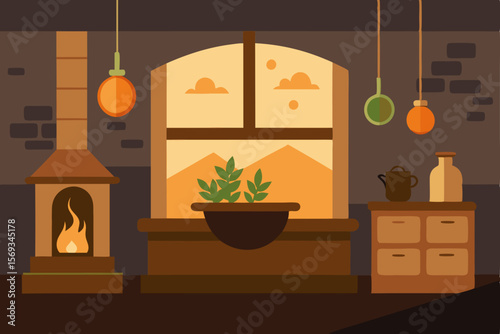 Vector illustration of a restaurant interior with a wooden table, stylish furniture, and window light, showcasing a luxurious indoor dining experience