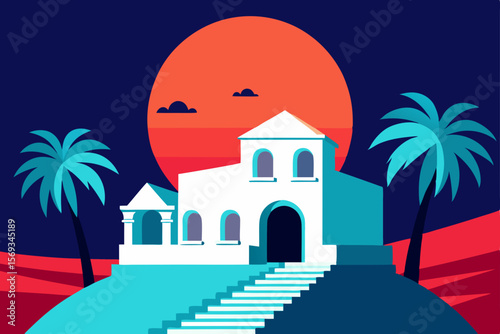 Here are a few options, choose the one that best fits your preference:

A spooky haunted house silhouette under a winter moonlit sky
A cartoon illustration of a cozy beach house at night
A vibrant cit