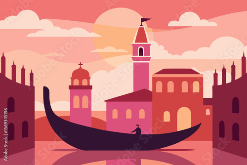 Vintage vector illustration set of Venice, Italy city architecture silhouettes with church, house, and tower icons, perfect for travel or tourism designs
