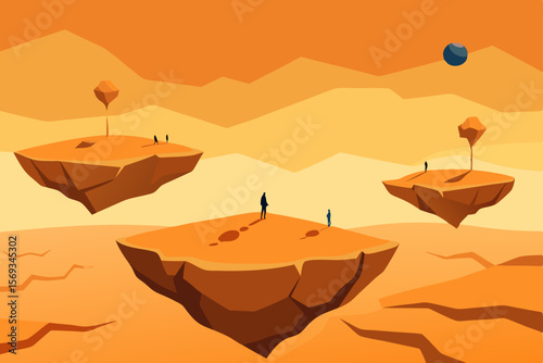 Vector illustration of a desert, mountain, or beach landscape at sunset with sun, sky, sand, and water