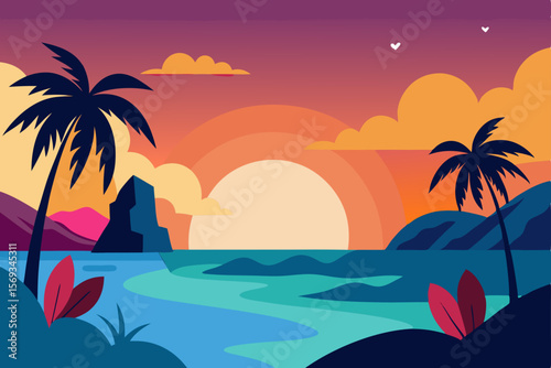 Tropical summer beach with palm trees and ocean waves under a vibrant sky