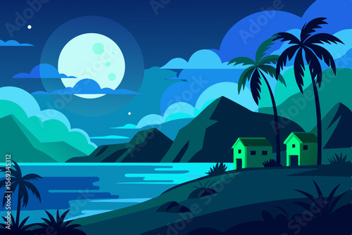 Tropical island paradise with palm trees at night, featuring a serene beach, ocean waves, and a summer sky