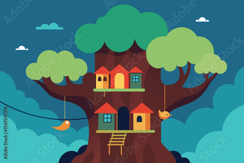 A charming cartoon house or cottage, nestled within a vibrant forest or on a grassy hill, under a summer sky with clouds and sun, perfect for a whimsical village landscape illustration