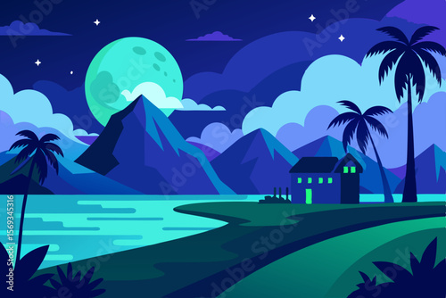 Tropical night landscape with moon and stars over the ocean beach with palm trees and waves