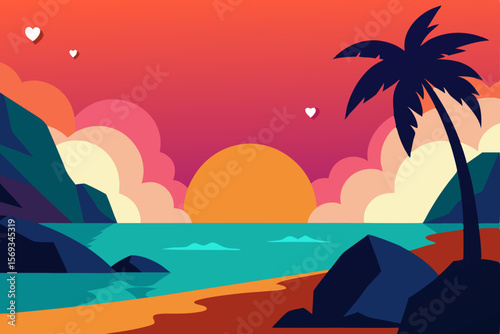 Golden tropical sunset over a paradise beach with silhouetted palm trees, calm ocean waves, and an endless summer sky