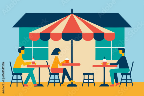 People relaxing at a cafe, a couple at a table, a family enjoying coffee, or a lone woman under an umbrella on a summer beach vacation, a silhouette against the sky