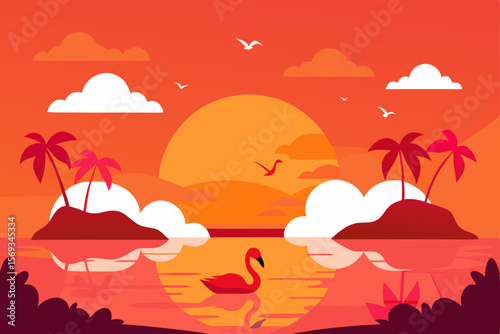 Tropical beach sunset over the ocean with palm trees